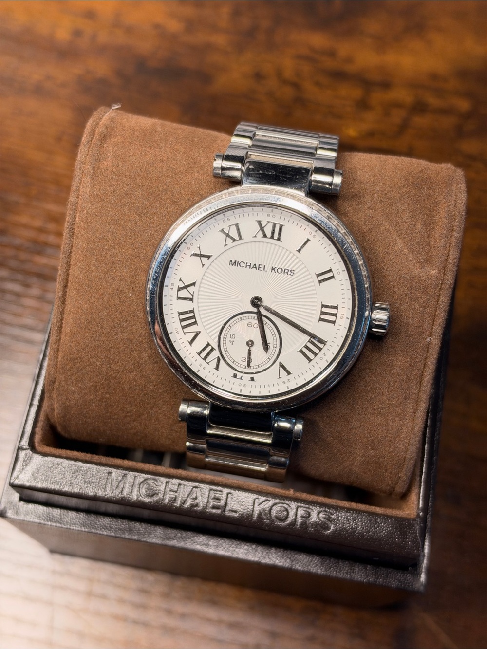 Michael Kors Silver and White Men’s Roman Numeral Link Watch